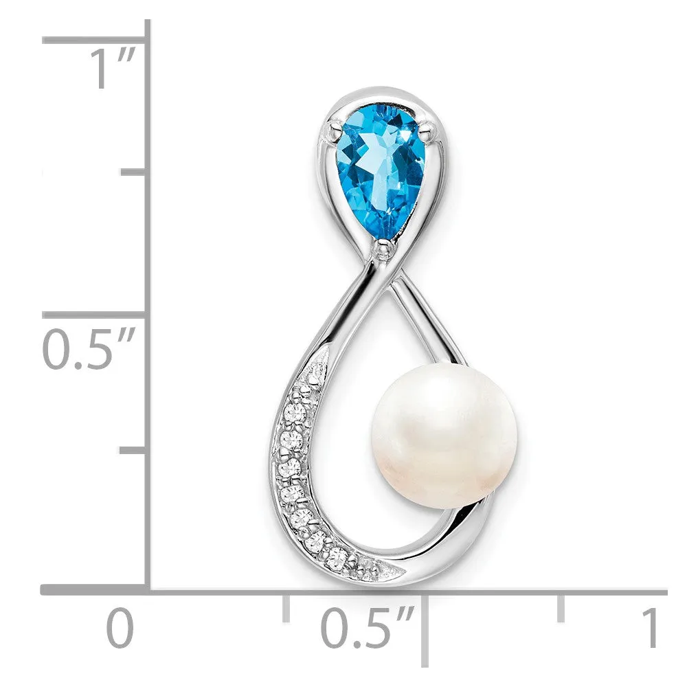 10k White Gold Blue Topaz/FWC Pearl/Diamond Infinity Chain Slide