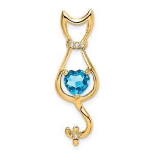14k Blue Topaz and Diamond Cat Pendant