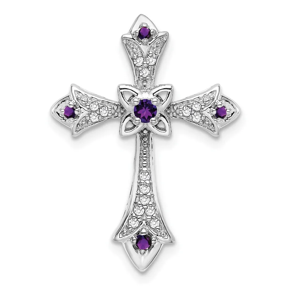 14k White Gold Amethyst and Diamond Fleur de Lis Cross Chain Slide