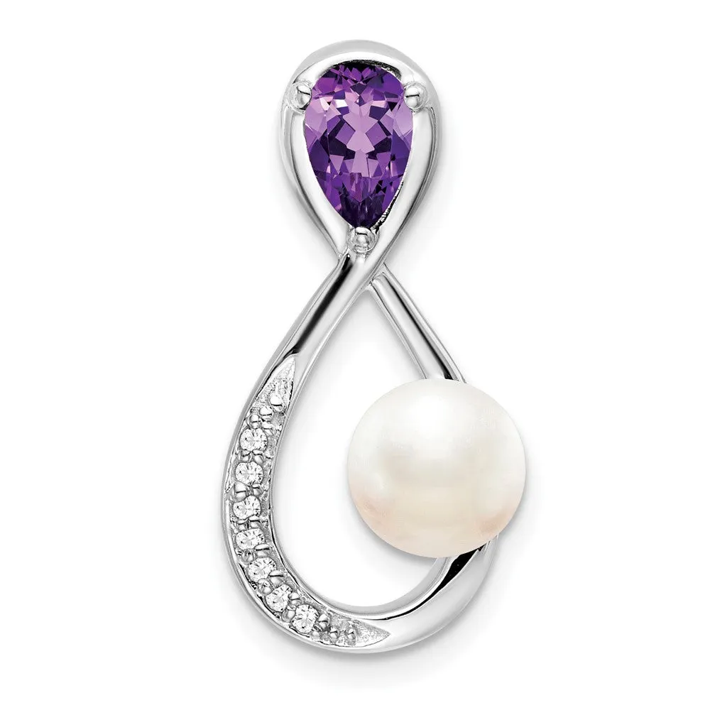 14k White Gold Amethyst/FWC Pearl/Diamond Infinity Chain Slide