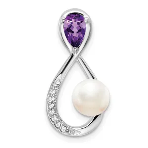 14k White Gold Amethyst/FWC Pearl/Diamond Infinity Chain Slide