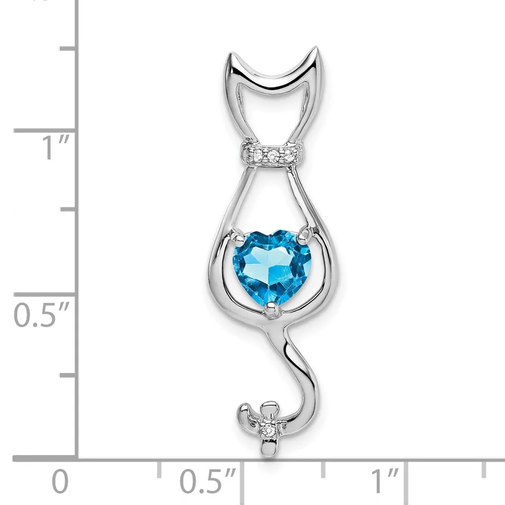 14k White Gold Blue Topaz and Diamond Cat Pendant