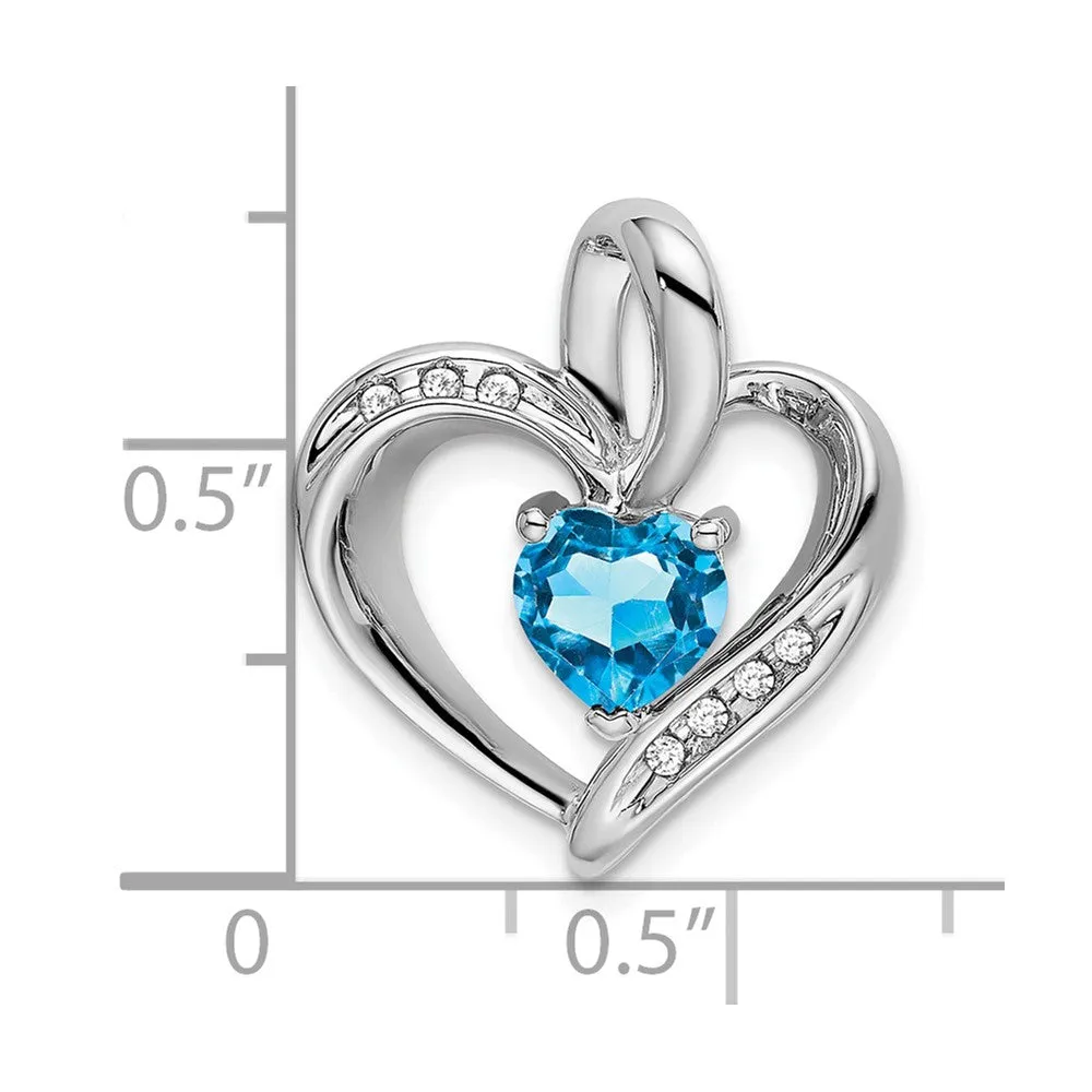 14k White Gold Blue Topaz and Diamond Heart Pendant