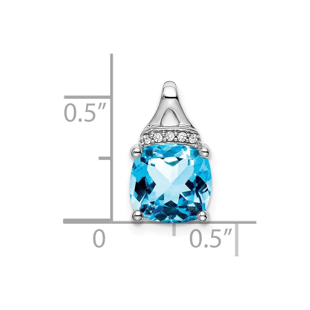 14k White Gold Cushion Blue Topaz and Diamond Pendant