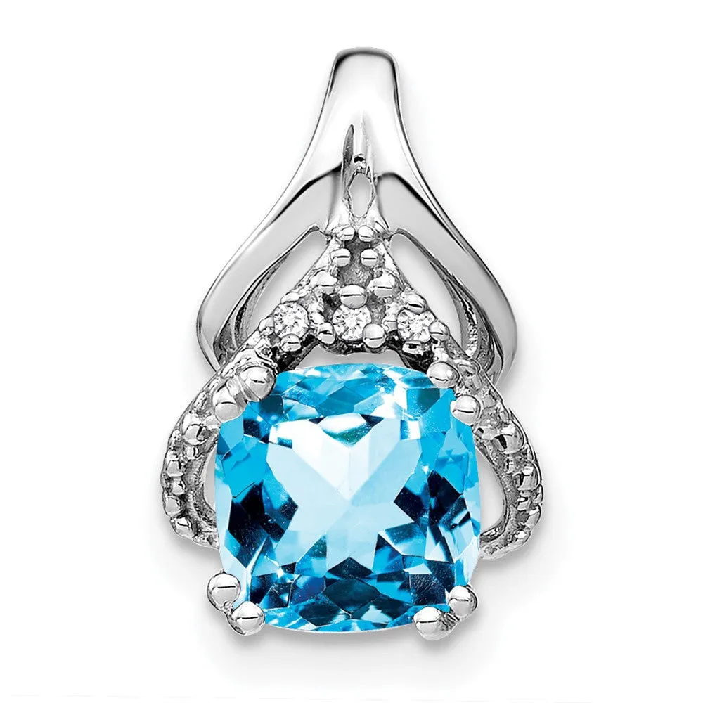 14k White Gold Cushion Blue Topaz and Diamond Pendant