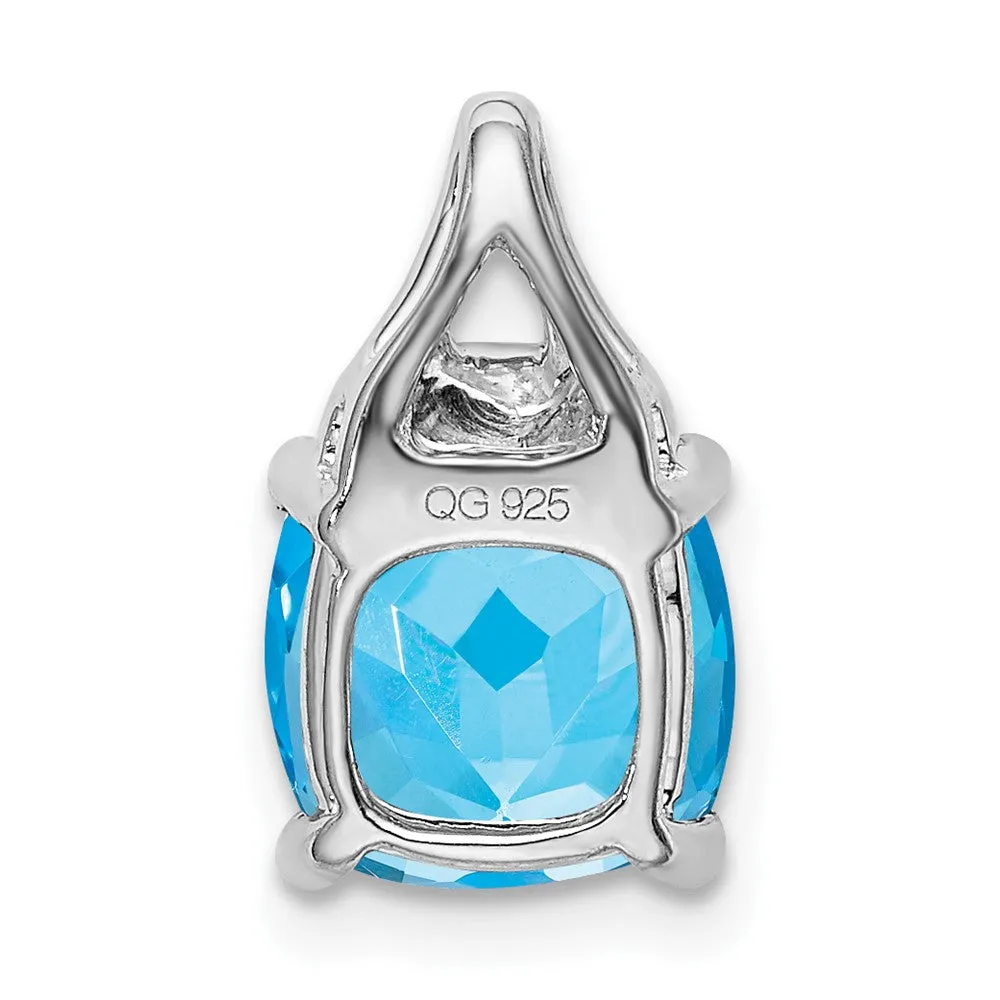 14k White Gold Cushion Blue Topaz and Diamond Pendant