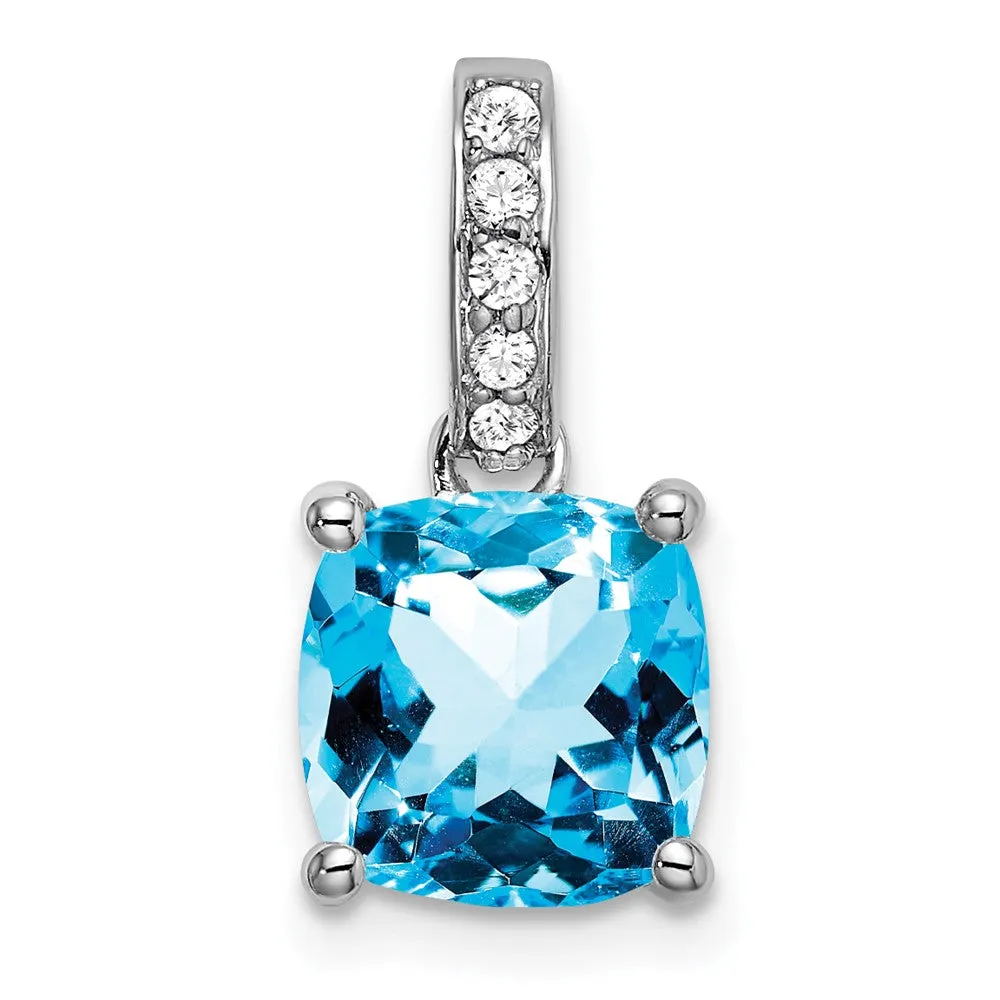 14k White Gold Cushion Blue Topaz and Diamond Pendant