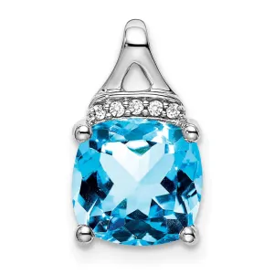 14k White Gold Cushion Blue Topaz and Diamond Pendant
