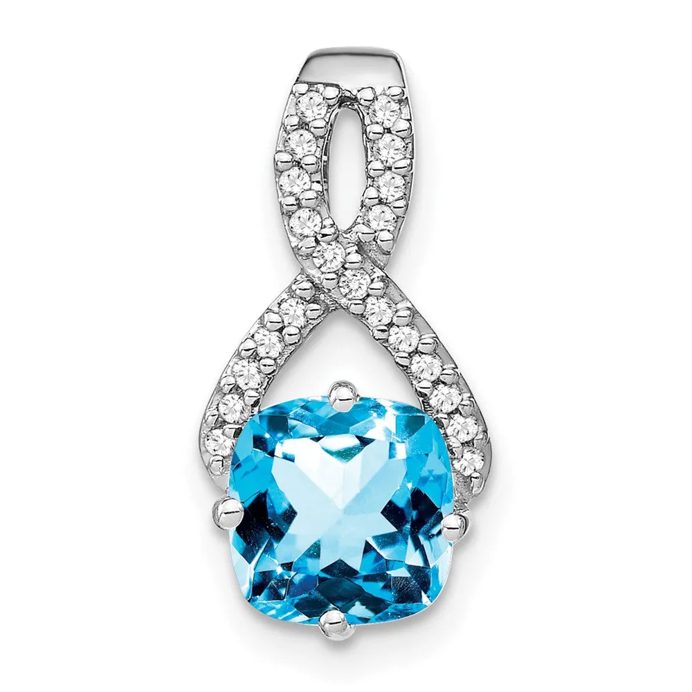 14k White Gold Cushion Blue Topaz and Diamond Pendant