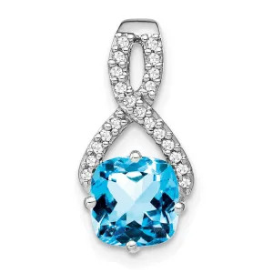 14k White Gold Cushion Blue Topaz and Diamond Pendant