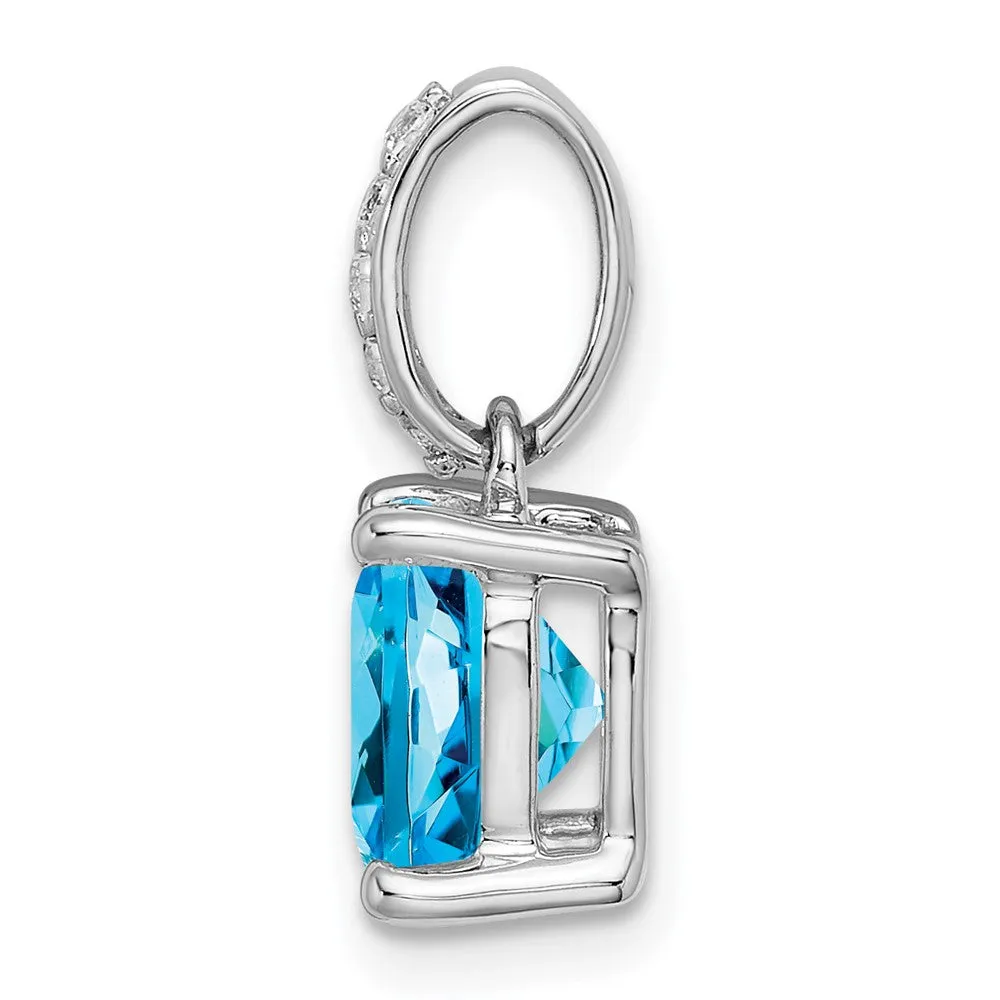 14k White Gold Cushion Blue Topaz and Diamond Pendant