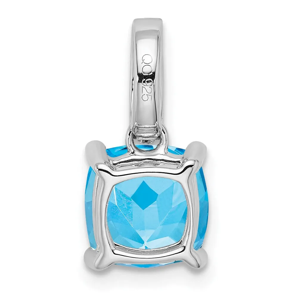 14k White Gold Cushion Blue Topaz and Diamond Pendant