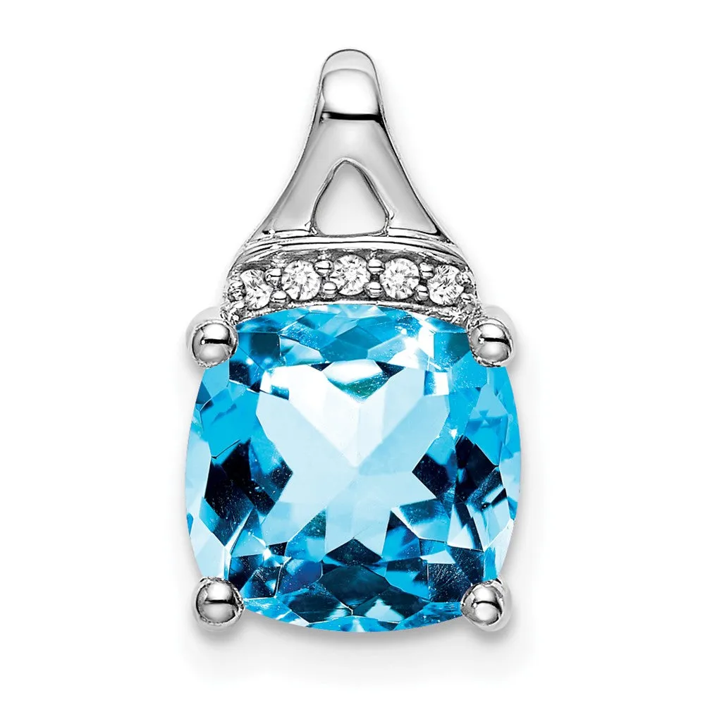 14k White Gold Cushion Blue Topaz and Diamond Pendant