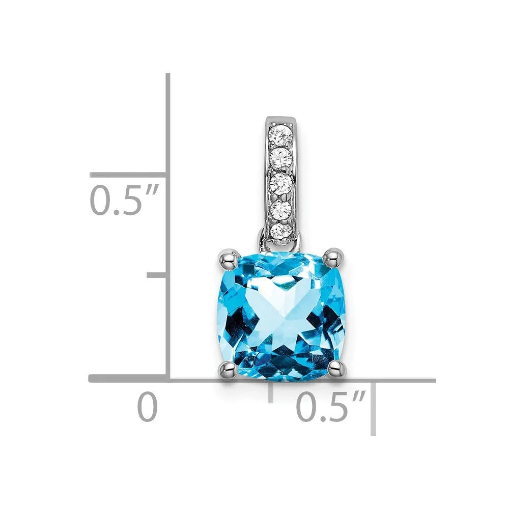 14k White Gold Cushion Blue Topaz and Diamond Pendant