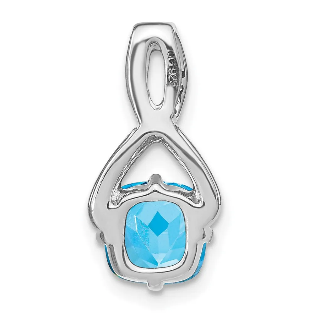 14k White Gold Cushion Blue Topaz and Diamond Pendant