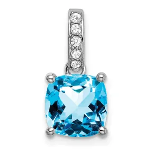 14k White Gold Cushion Blue Topaz and Diamond Pendant