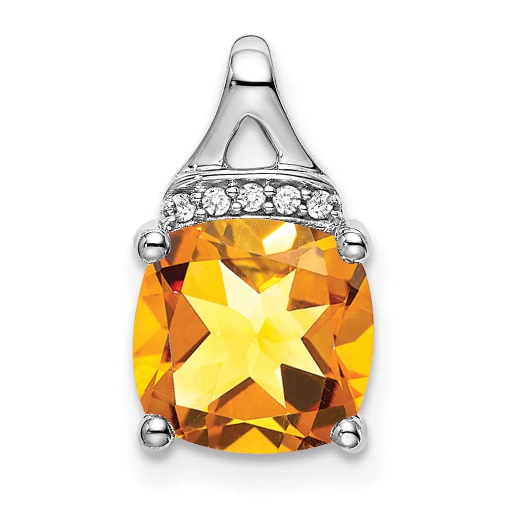 14k White Gold Cushion Citrine and Diamond Pendant