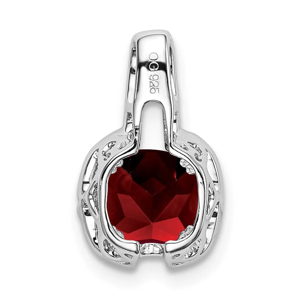 14k White Gold Cushion Garnet and Diamond Pendant