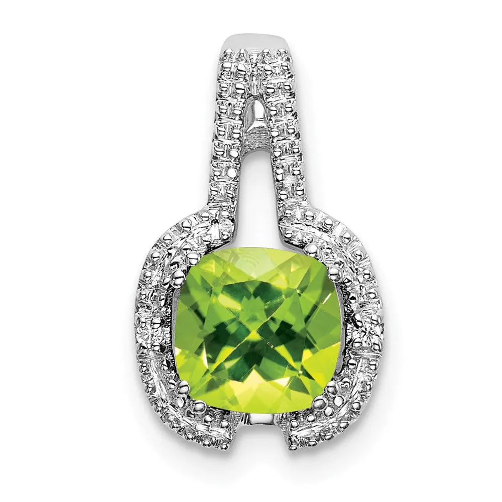 14k White Gold Cushion Peridot and Diamond Pendant