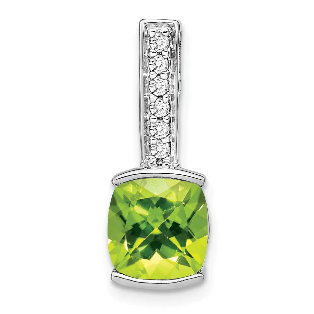 14k White Gold Cushion Peridot and Diamond Pendant