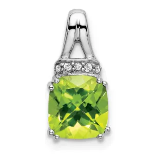 14k White Gold Cushion Peridot and Diamond Pendant
