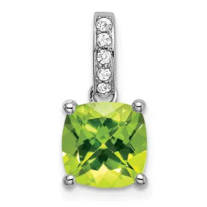 14k White Gold Cushion Peridot and Diamond Pendant