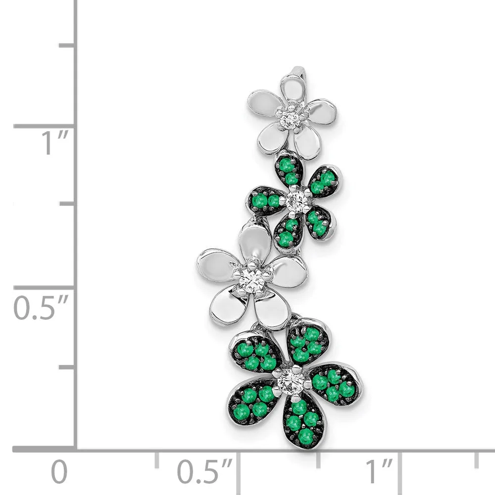 14k White Gold Diamond and Emerald 4 Flowers Pendant