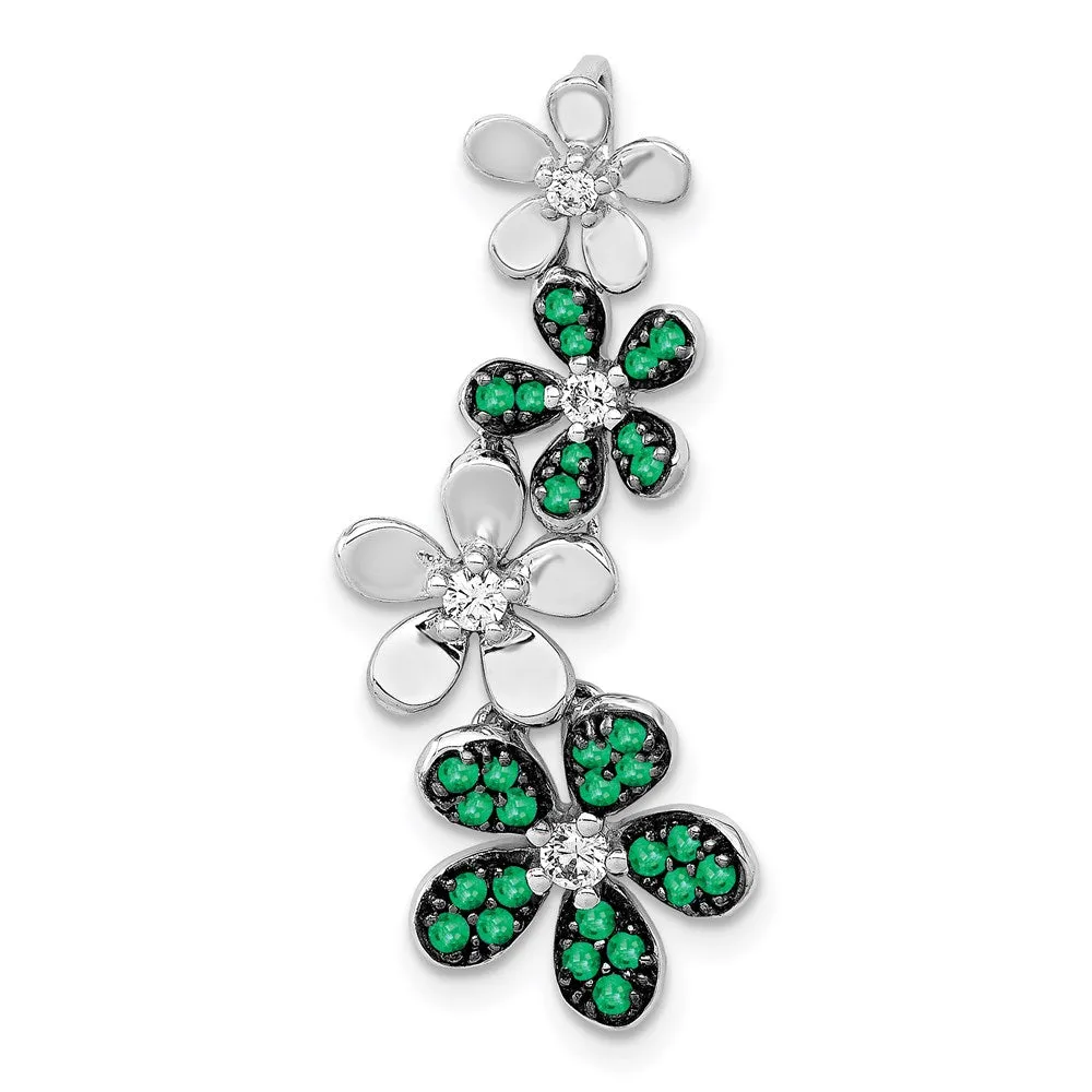 14k White Gold Diamond and Emerald 4 Flowers Pendant