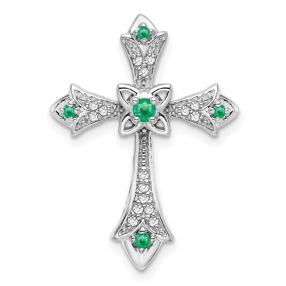 14k White Gold Emerald and Diamond Fleur de Lis Cross Chain Slide