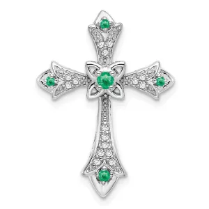 14k White Gold Emerald and Diamond Fleur de Lis Cross Chain Slide