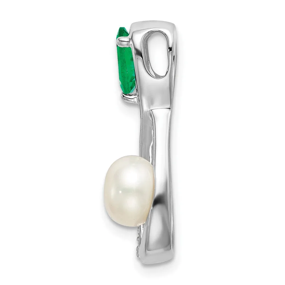 14k White Gold Emerald/FWC Pearl/Diamond Infinity Chain Slide