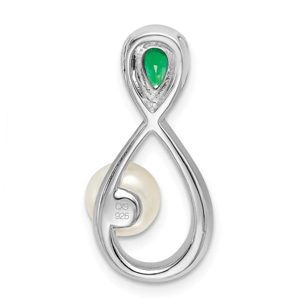 14k White Gold Emerald/FWC Pearl/Diamond Infinity Chain Slide