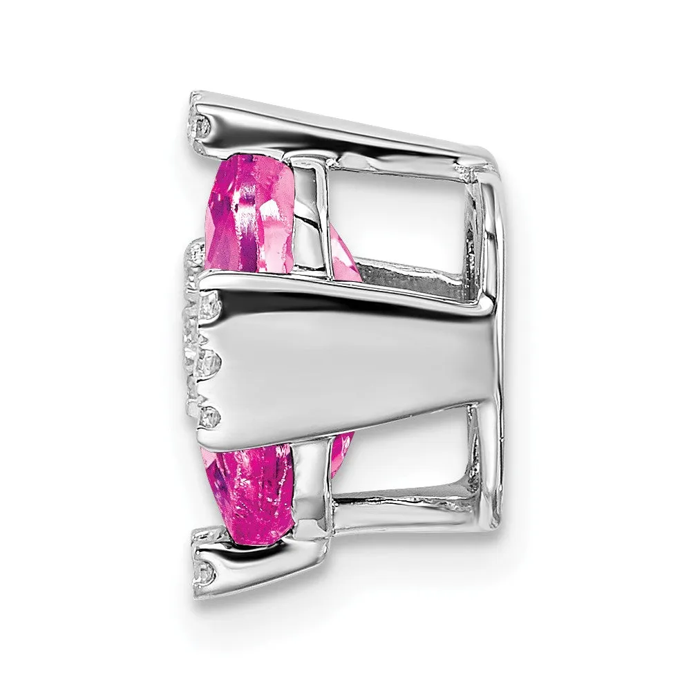 14k White Gold Octagon Created Pink Sapphire/Diamond Chain Slide