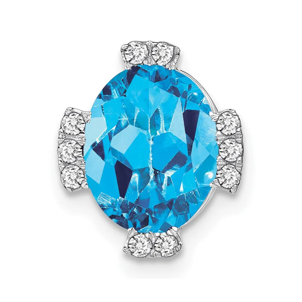 14k White Gold Oval Blue Topaz and Diamond Chain Slide