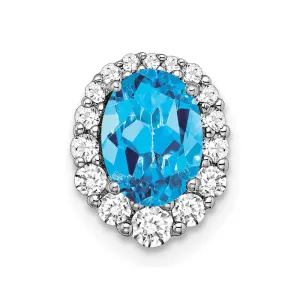 14k White Gold Oval Blue Topaz and Diamond Halo Chain Slide