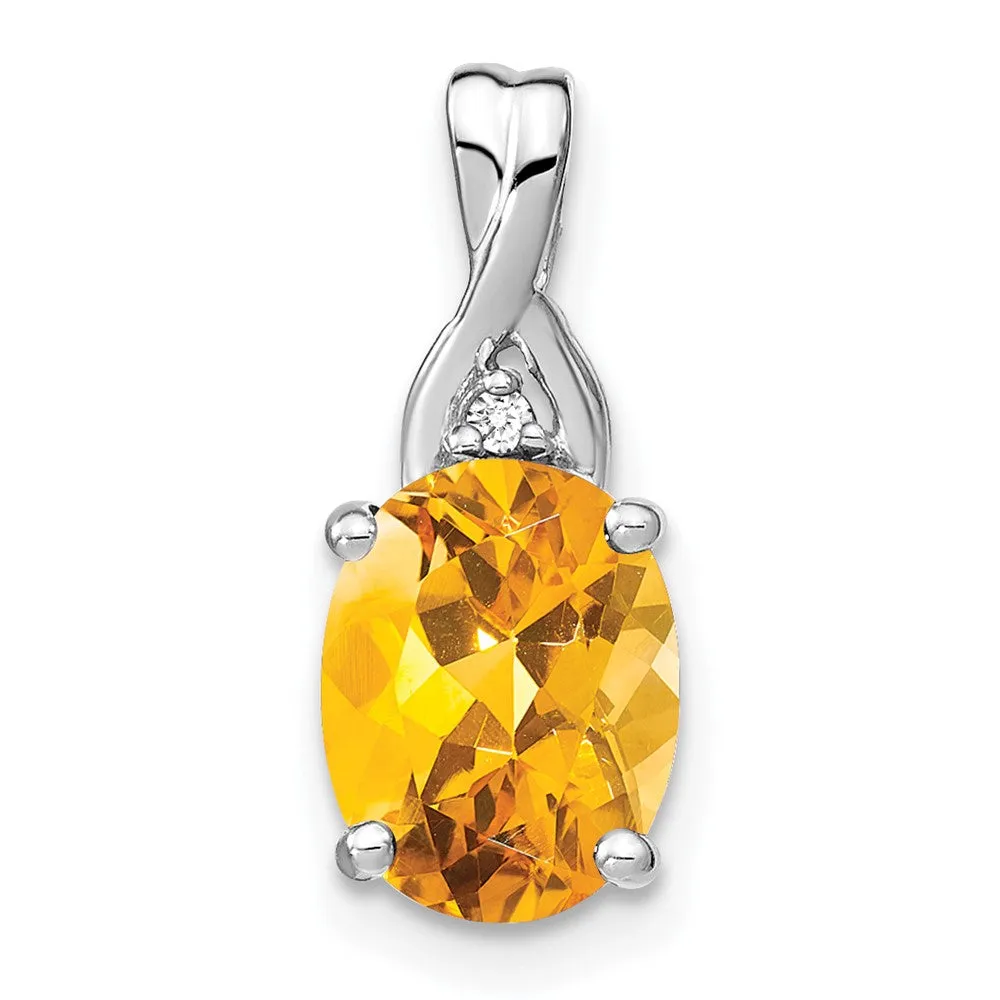 14k White Gold Oval Citrine and Diamond Pendant