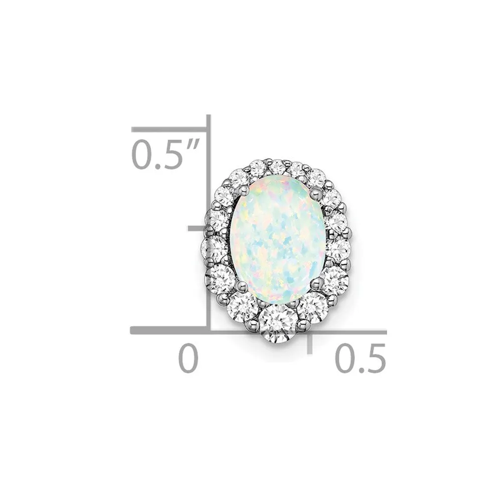14k White Gold Oval Created Opal and Diamond Halo Chain Slide