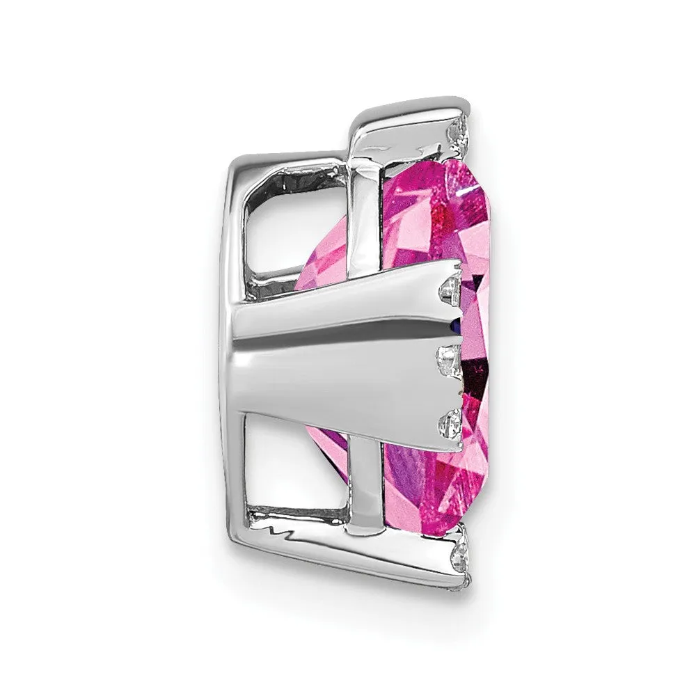 14k White Gold Oval Created Pink Sapphire and Diamond Chain Slide