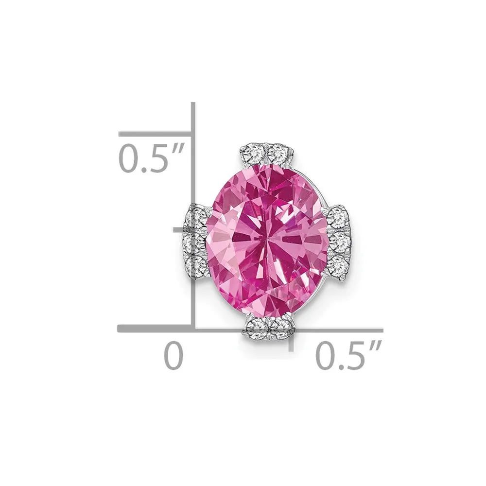 14k White Gold Oval Created Pink Sapphire and Diamond Chain Slide