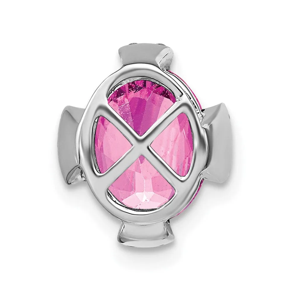 14k White Gold Oval Created Pink Sapphire and Diamond Chain Slide