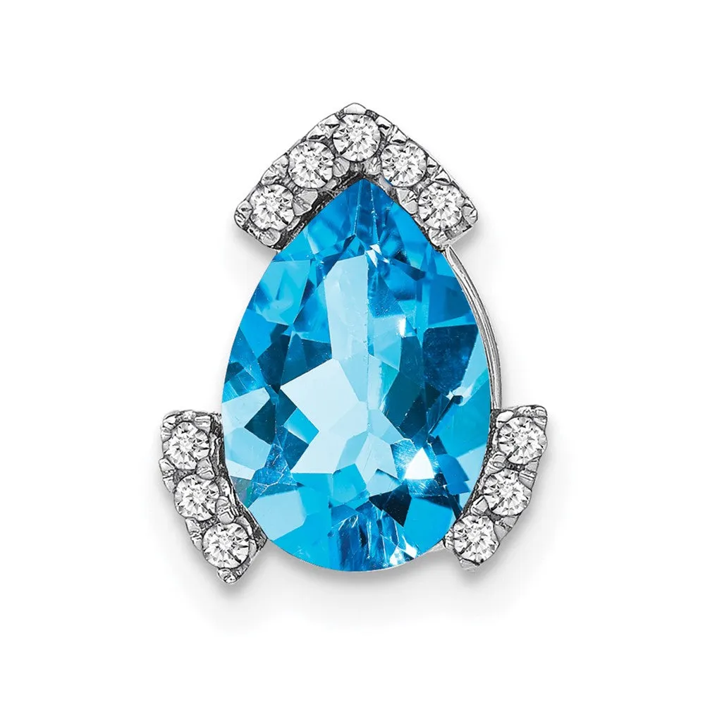 14k White Gold Pear Blue Topaz and Diamond Chain Slide
