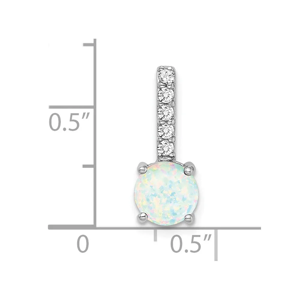 14k White Gold Round Created Opal and Diamond Pendant