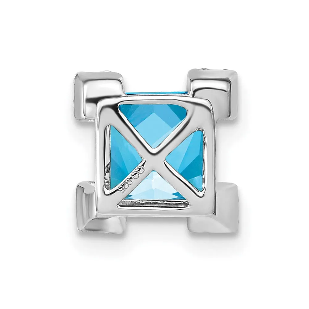 14k White Gold Square Blue Topaz and Diamond Chain Slide