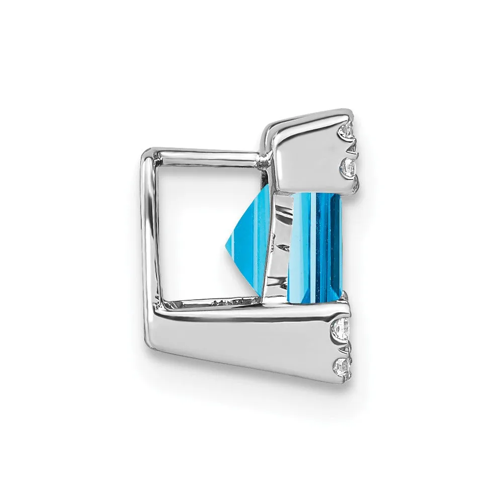 14k White Gold Square Blue Topaz and Diamond Chain Slide