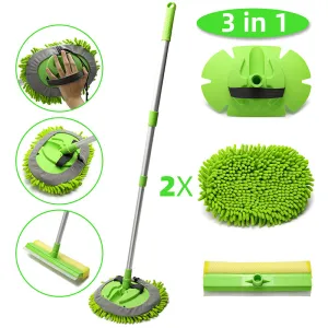 3-in-1 Chenille Wash Mop & Window Cleaner w. Removable Car Wash Mitt (3.75 ft.)