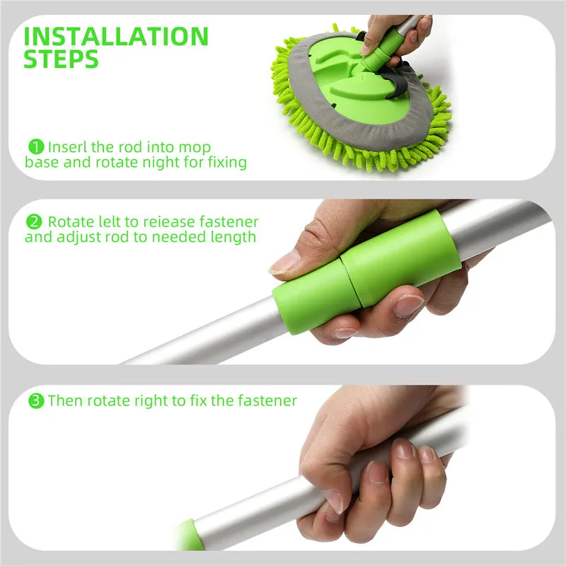 3-in-1 Chenille Wash Mop & Window Cleaner w. Removable Car Wash Mitt (3.75 ft.)