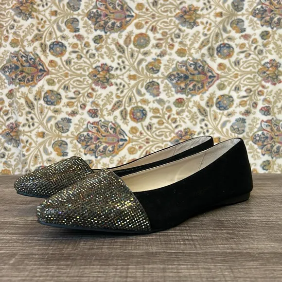 Aldo Rhinestone Flats Silver/Rainbow/Black Ballet Pointed Toe Party Edgy 8