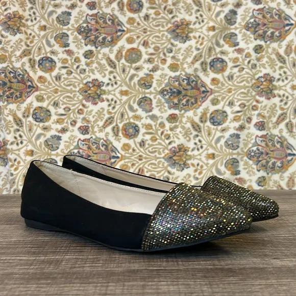 Aldo Rhinestone Flats Silver/Rainbow/Black Ballet Pointed Toe Party Edgy 8