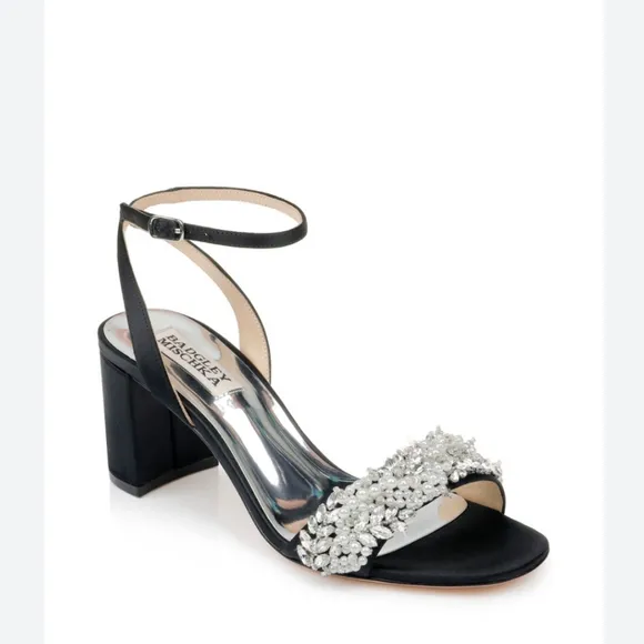 Badgley Mischka Clara Crystal/Pearl Embellished Black Satin Ankle Strap Sandals