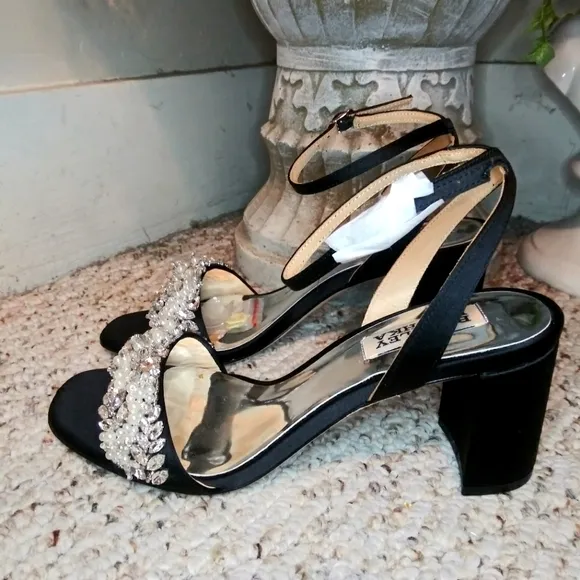 Badgley Mischka Clara Crystal/Pearl Embellished Black Satin Ankle Strap Sandals